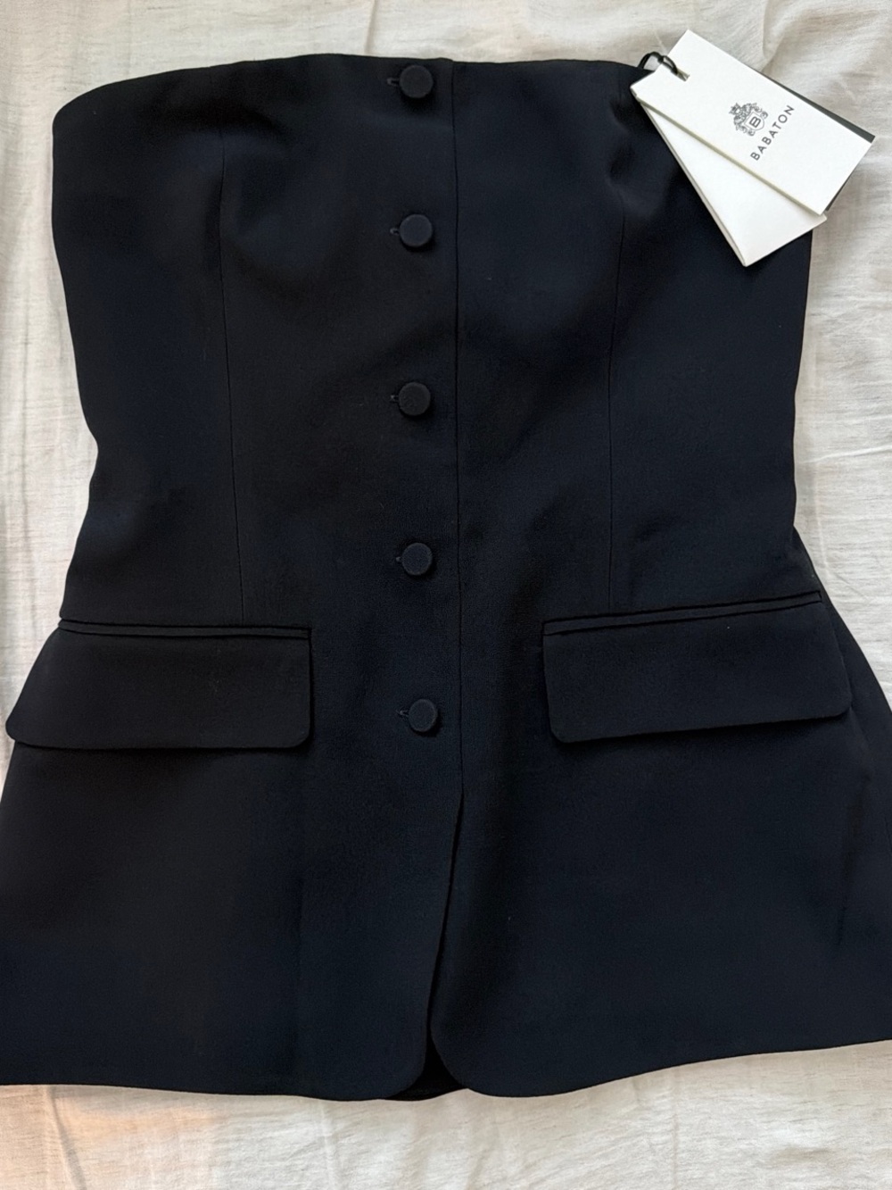 Babaton Black Strapless Bustier Top with Covered Buttons